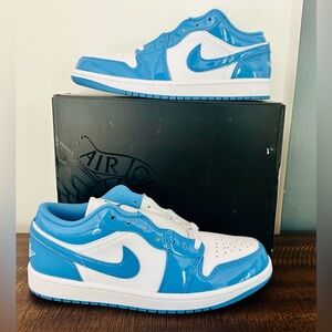 Nike Air Jordan Low 1 Legend Blue White Sneakers. Patent leather